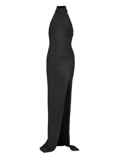 Balmain Long Velvet Halterneck Dress With Rhinestones In Black
