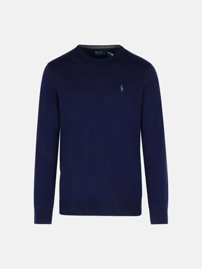 Polo Ralph Lauren Merino Wool Crew Neck Sweater With Embroidered Logo And Ribbed Detailing In Blue