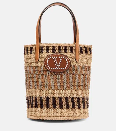 Valentino Garavani Small Vlogo Signature Crocheted Raffia Bucket Bag In Brown