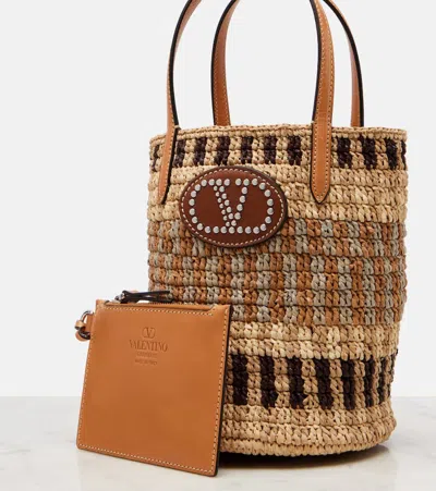 Valentino Garavani Small Vlogo Signature Crocheted Raffia Bucket Bag In Brown