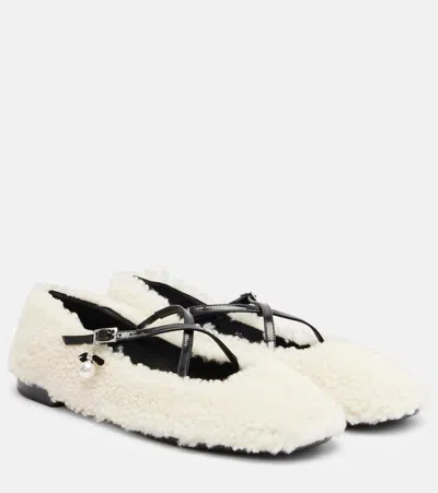 Jimmy Choo Eleri Embellished Patent Leather-trimmed Shearling Ballet Flats In White