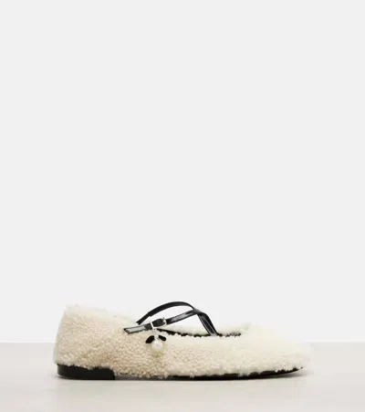 Jimmy Choo Eleri Embellished Patent Leather-trimmed Shearling Ballet Flats In White