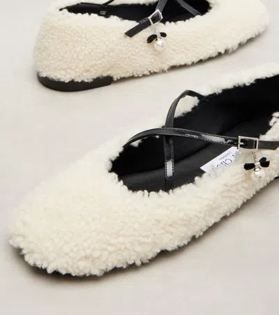 Jimmy Choo Eleri Embellished Patent Leather-trimmed Shearling Ballet Flats In White