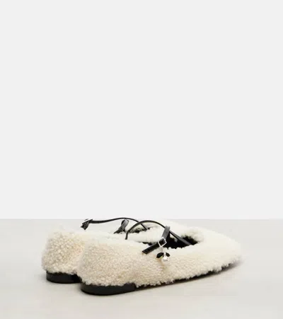 Jimmy Choo Eleri Embellished Patent Leather-trimmed Shearling Ballet Flats In White