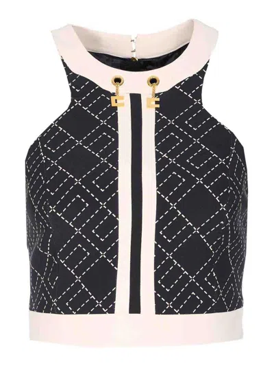 Elisabetta Franchi Charm Detail Crop Top With Geometric Pattern In Black