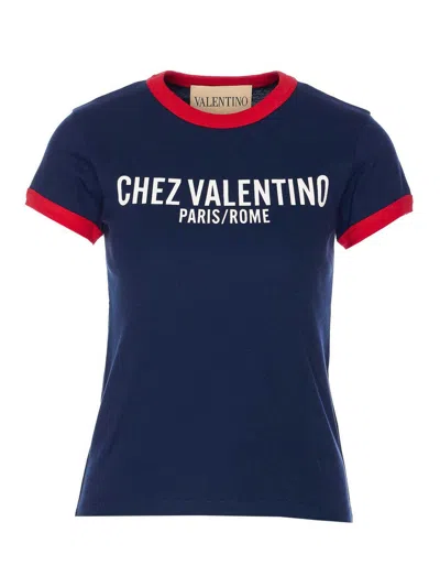 Valentino Crewneck Short Sleeves Contrast Trim Tops In Blue