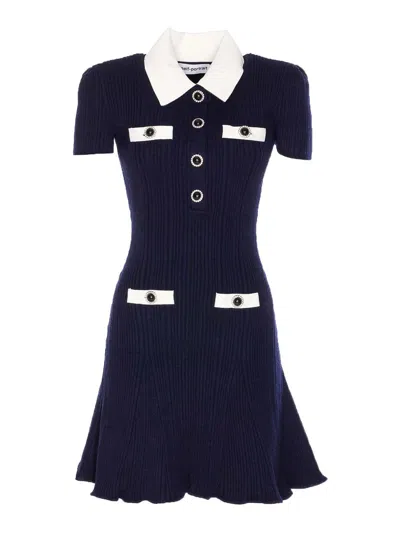 Self-portrait Mini Knitted Dress With Contrasting Collar In Blue