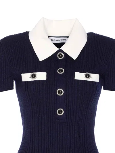 Self-portrait Mini Knitted Dress With Contrasting Collar In Blue