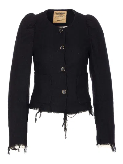 Uma Wang Distressed Frayed Hem Jacket With Front Pockets In Black