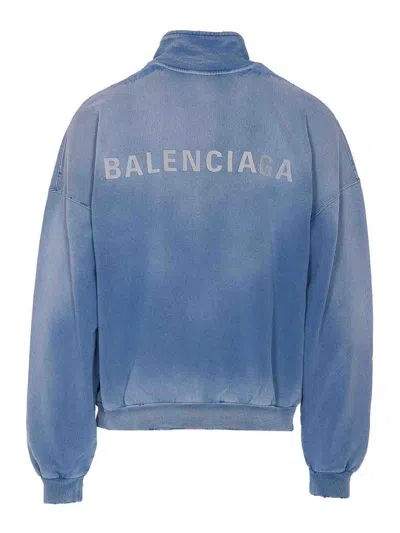 Balenciaga Distressed Logo Zip-up Sweatshirt In Blue