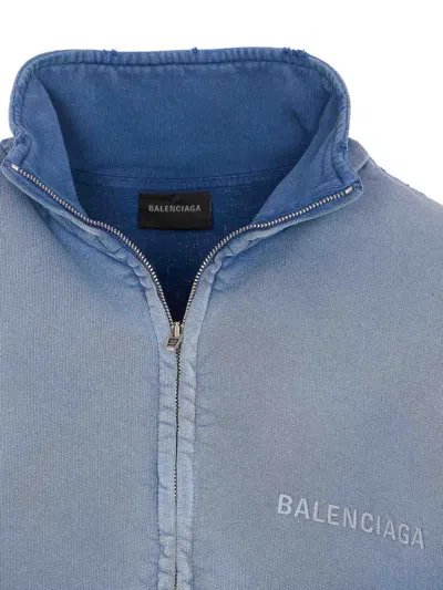 Balenciaga Distressed Logo Zip-up Sweatshirt In Blue