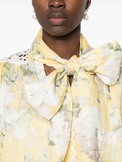 Zimmermann Delicate Floral Playsuit With Removable Belt And Ruffled Edges In Yellow