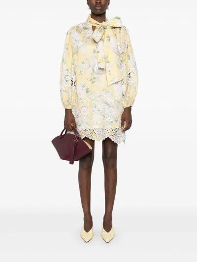 Zimmermann Delicate Floral Playsuit With Removable Belt And Ruffled Edges In Yellow