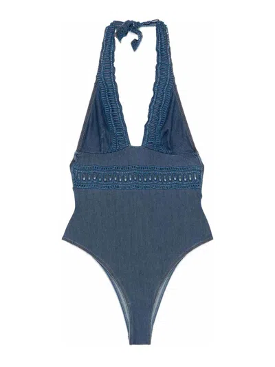 Ermanno Scervino Blue Lace-detail Swimsuit In Multi