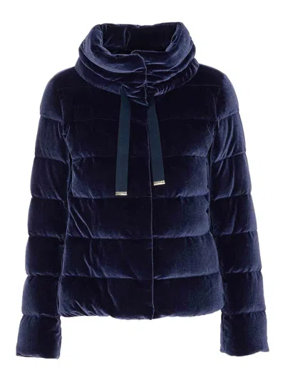 Herno Velvet Quilted Drawstring High Collar Jacket In Blue