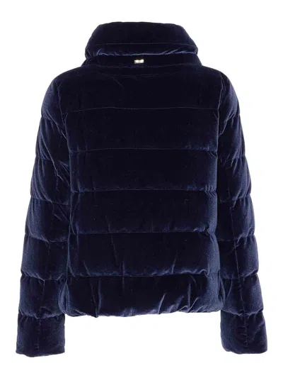 Herno Velvet Quilted Drawstring High Collar Jacket In Blue