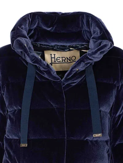 Herno Velvet Quilted Drawstring High Collar Jacket In Blue