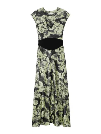 Tory Burch Floral Pattern Midi Dress With Cap Sleeves In Green
