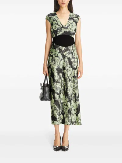 Tory Burch Floral Pattern Midi Dress With Cap Sleeves In Green
