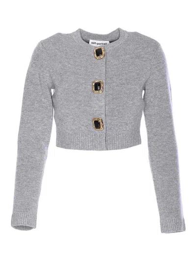 Self-portrait Cropped Gray Sweater With Decorative Buttons In Gray