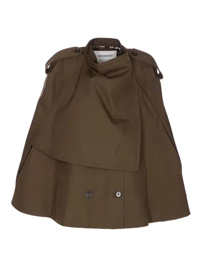 Burberry Cotton Cape With Traditional Check Lining In Green