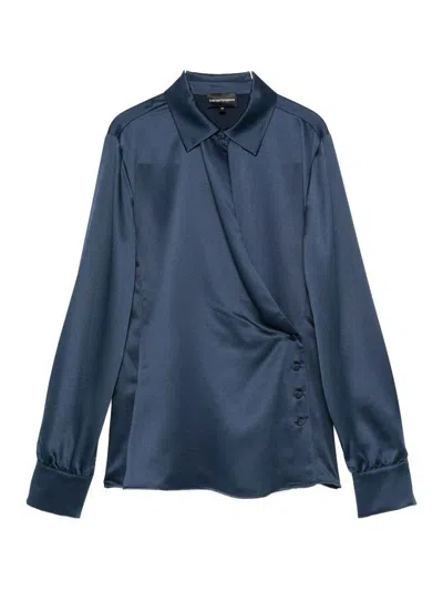 Emporio Armani Wrap Front Collared Shirt With Buttoned Cuffs In Blue