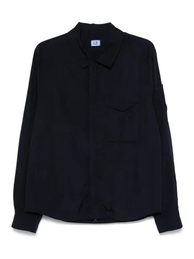C.p. Company Collared Neck Nylon Overshirt With Front Pocket In Blue