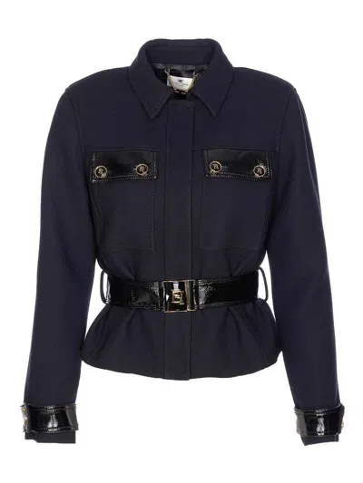 Elisabetta Franchi Belted Jacket Logo Buttons In Black