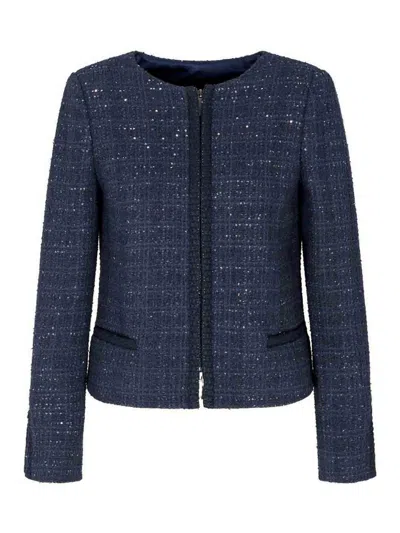 Emporio Armani Lurex Tweed Zip-up Jacket With Micro Sequins In Blue