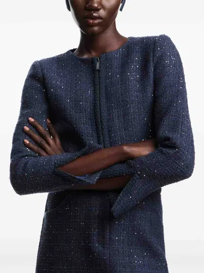 Emporio Armani Lurex Tweed Zip-up Jacket With Micro Sequins In Blue
