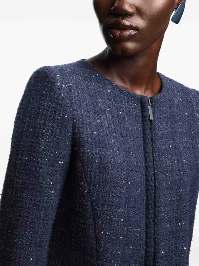 Emporio Armani Lurex Tweed Zip-up Jacket With Micro Sequins In Blue