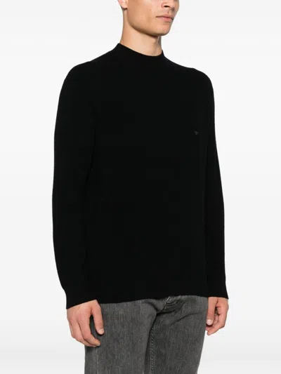 Emporio Armani Tonal Diamond Wool Sweater In Black