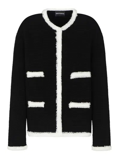 Emporio Armani Ottoman Fabric Jacket With Fringe Trims In Black