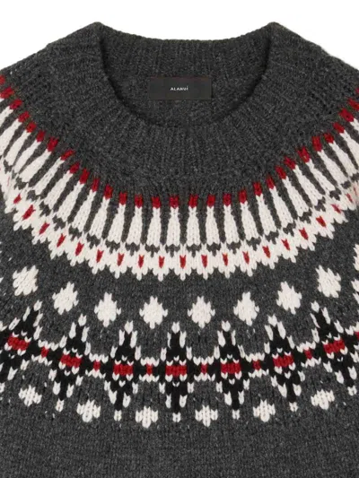 Alanui Wool Crewneck Sweater With Geometric Pattern In Gray