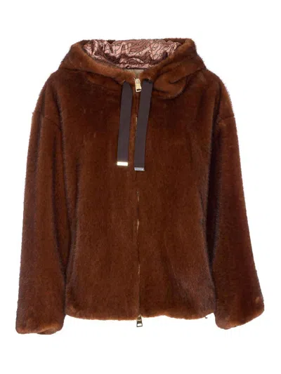 Herno Dark Brown Faux Fur Bomber Jacket With Custom Drawstring Hood In Brown