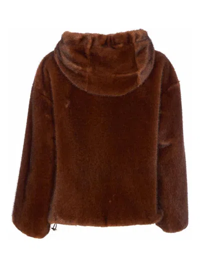 Herno Dark Brown Faux Fur Bomber Jacket With Custom Drawstring Hood In Brown