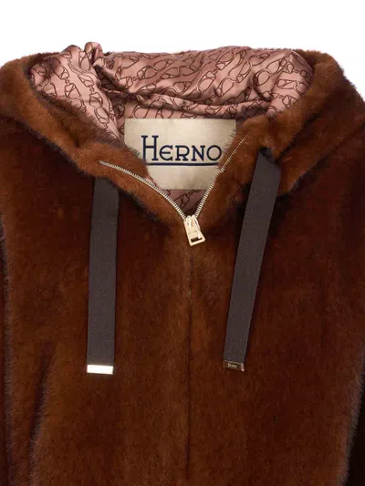 Herno Dark Brown Faux Fur Bomber Jacket With Custom Drawstring Hood In Brown