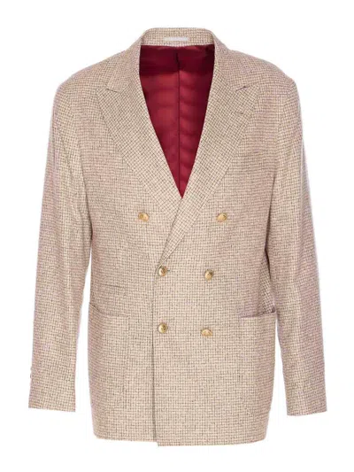 Brunello Cucinelli Double-breasted Puppytooth Cashmere And Silk-blend Suit Jacket In Neutral