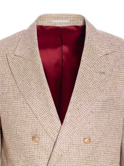 Brunello Cucinelli Double-breasted Puppytooth Cashmere And Silk-blend Suit Jacket In Neutral