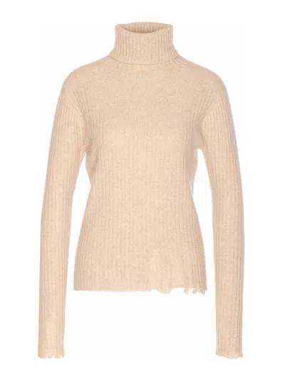 Uma Wang High Neck Turtleneck Knitwear With Distressed Ribbed Texture In Nude