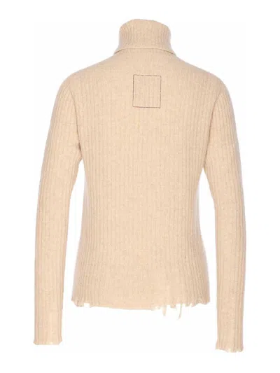 Uma Wang High Neck Turtleneck Knitwear With Distressed Ribbed Texture In Nude