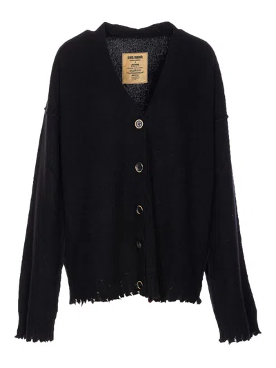 Uma Wang Frayed Hem V-neck Over Cardigan Knitwear In Black