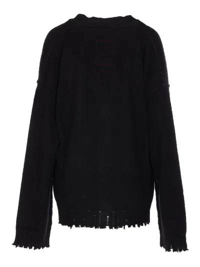 Uma Wang Frayed Hem V-neck Over Cardigan Knitwear In Black