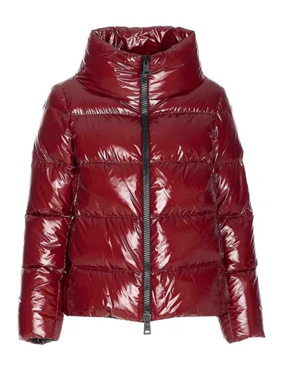 Herno Cropped Red Puffer Jacket With High Structured Collar In Black