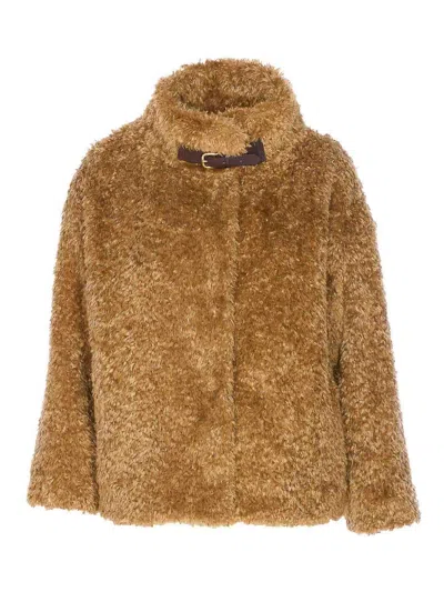 Herno Plush Faux Fur Jacket With High Collar And Buckle Closure In Brown