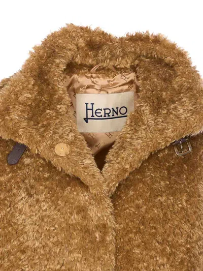 Herno Plush Faux Fur Jacket With High Collar And Buckle Closure In Brown