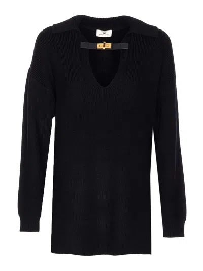 Elisabetta Franchi Deep V-neck Sweater With Gold Accent And Ribbed Texture In Black