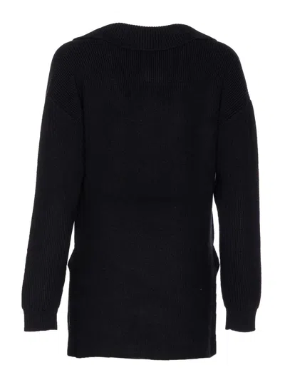 Elisabetta Franchi Deep V-neck Sweater With Gold Accent And Ribbed Texture In Black