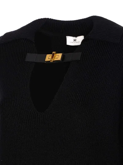 Elisabetta Franchi Deep V-neck Sweater With Gold Accent And Ribbed Texture In Black