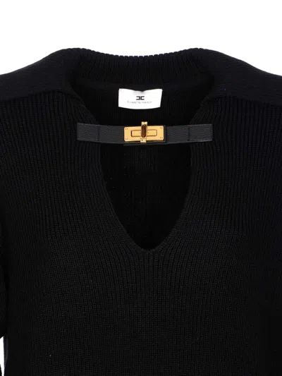 Elisabetta Franchi Deep V-neck Sweater With Gold Accent And Ribbed Texture In Black